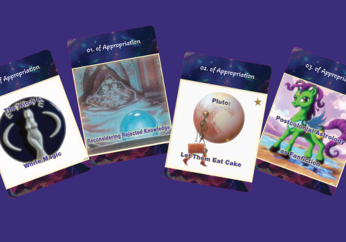 An image of four cards with AI Generated images on them on a purple background.