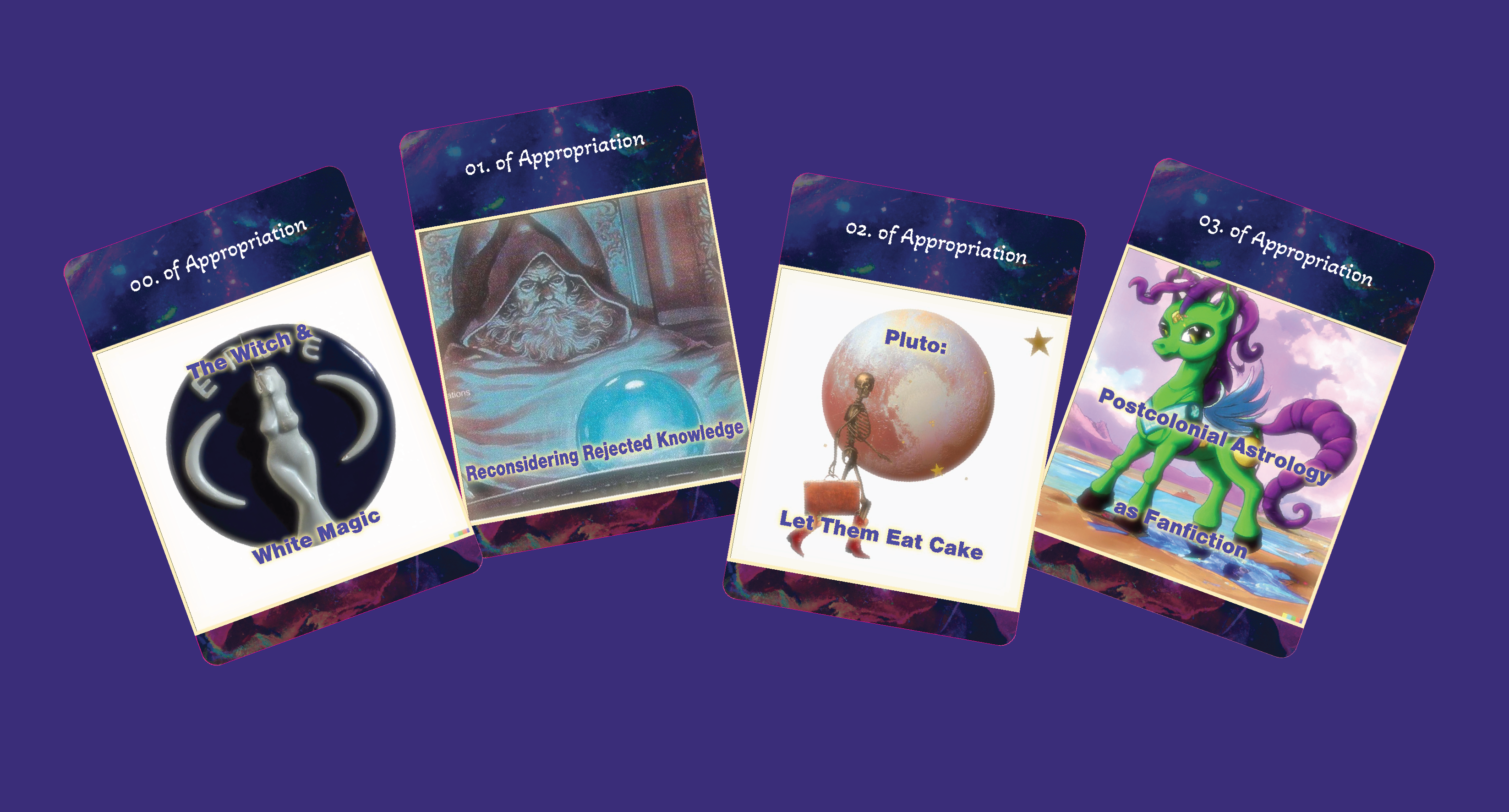 An image of four cards with AI Generated images on them on a purple background.