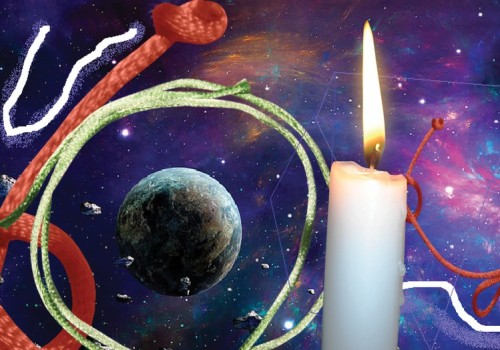 Collage of a candle, the globe, and red, green, and white string on a background of outer space.