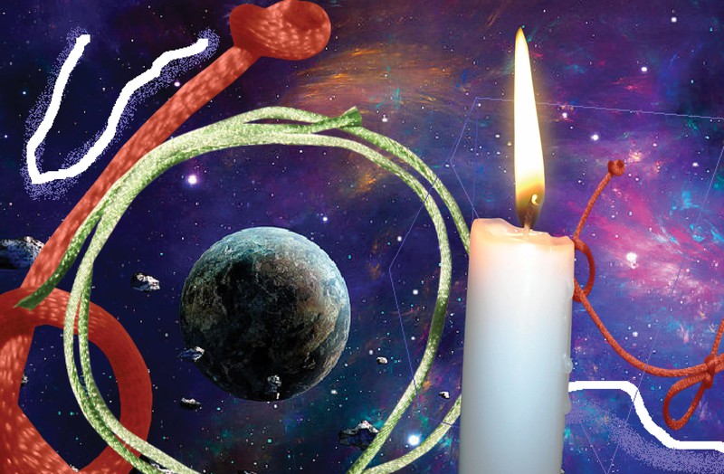 Collage of a candle, the globe, and red, green, and white string on a background of outer space.