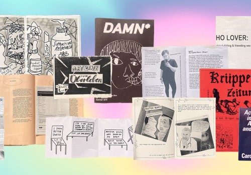 A collage of many different covers of zines on a pastel rainbow background.